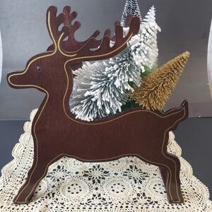 Vintage Christmas Wooden Reindeer Floral Planter Holder Box Shelf Display RARE